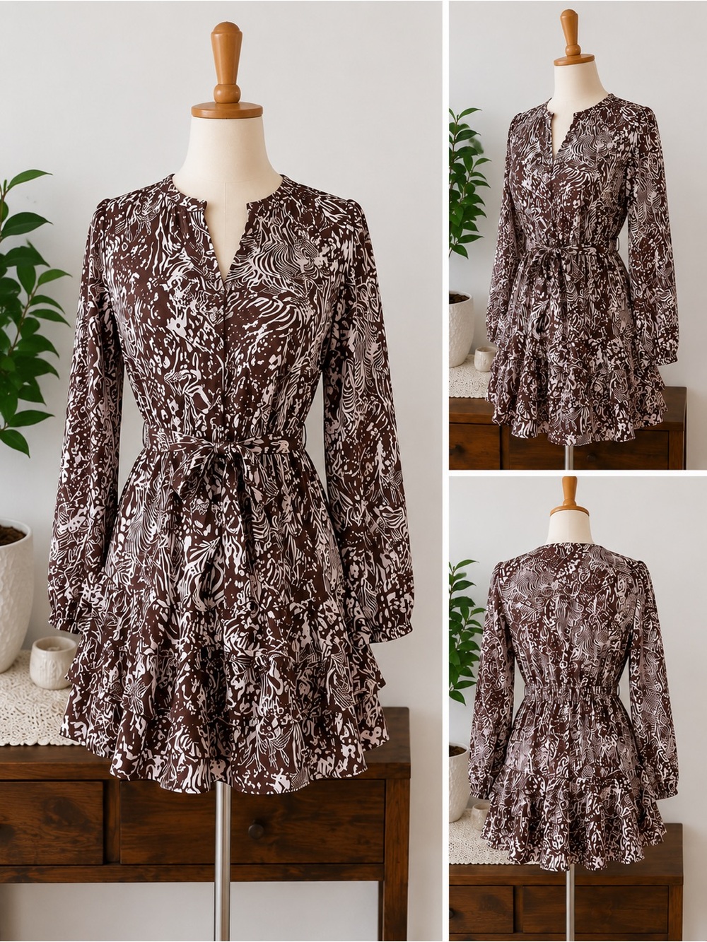 Skies are Blue abstract print mini dress, maroon and pink ruffles